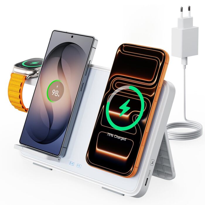 Бездротовий зарядний пристрій 4-в-1 для iPhone та Samsung: індуктивна станція з нічником, Apple Watch, AirPods, адаптер PD 30W, білий