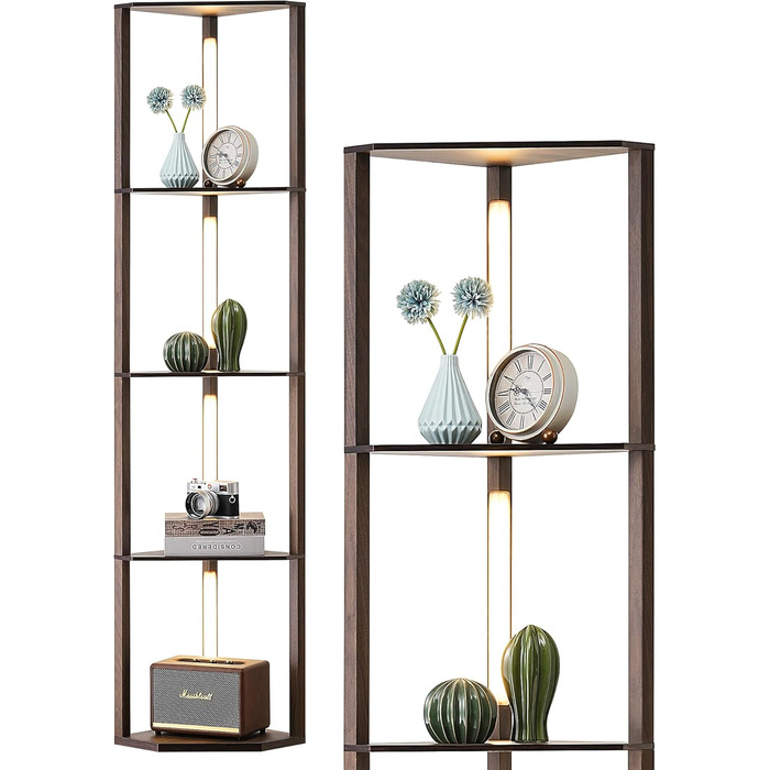 LED торшер EDISHINE з 4 полицями з дерева, торшер для вітальні, регульоване освітлення, 3 колірні температури, поворотний світловий стержень, підсвічування полиць, футовим вимикачем (темно-горіховий)