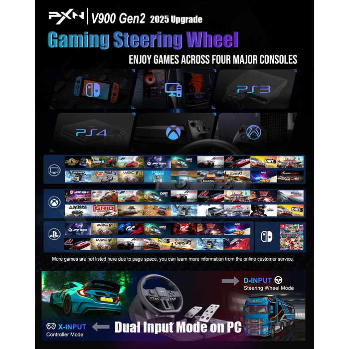 PXN V900 Gen2 Ігровий кермо з педалями Hall Effect – 16-бітне USB кермо для ПК з кутом повороту 270°/900°, вібрація, перемикачі передач та керування через додаток – сумісне з PC, Xbox, PS4, PS3, Switch