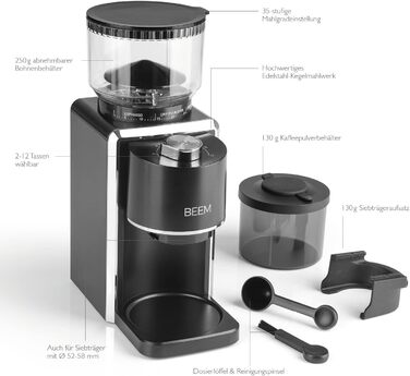 BEEM GRIND-PERFECT: Електрична кавомолка з керамічним жорном, 250г, 35 ступенів помолу, дозування, Ø 52-58 мм | Для еспресо