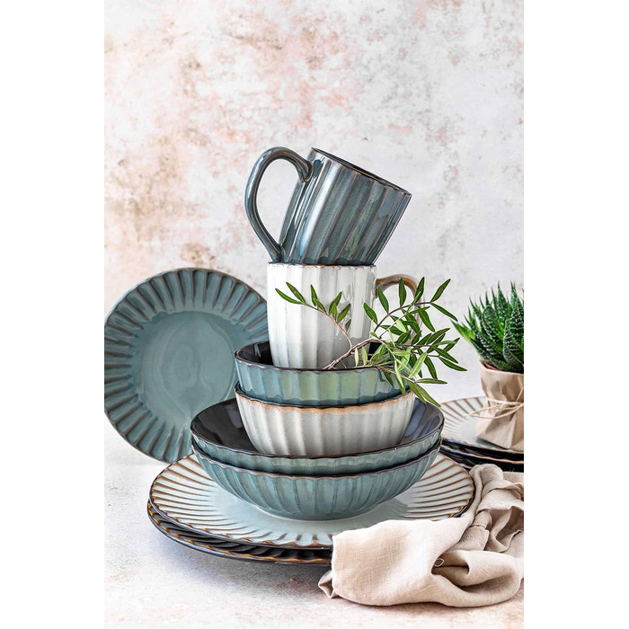 MÄSER Confino Dinnerware Set - 20 Piece Ceramic Dinner Set for 4 - Vintage Style with Black Accents (Petrol Color)