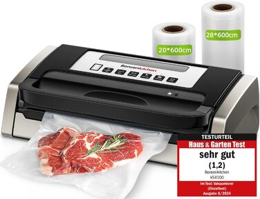 Вакуумний пакувальник Bonsenkitchen 15л/хв, з ручкою та вбудованим ножем, комплект з 2 рулонами, сертифікат екологічності