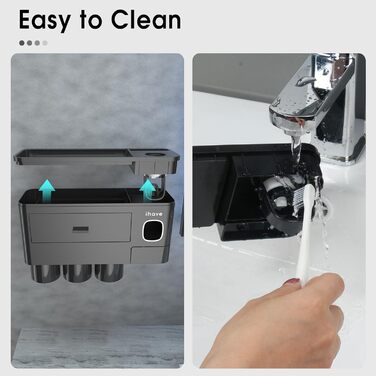 IHave Toothbrush Holder for Bathroom Storage, 3 Cup Toothbrush Holder Wall Mounted with Automatic Toothpaste Dispenser, Large Capacity Toothbrush Holder Bathroom Accessories Black