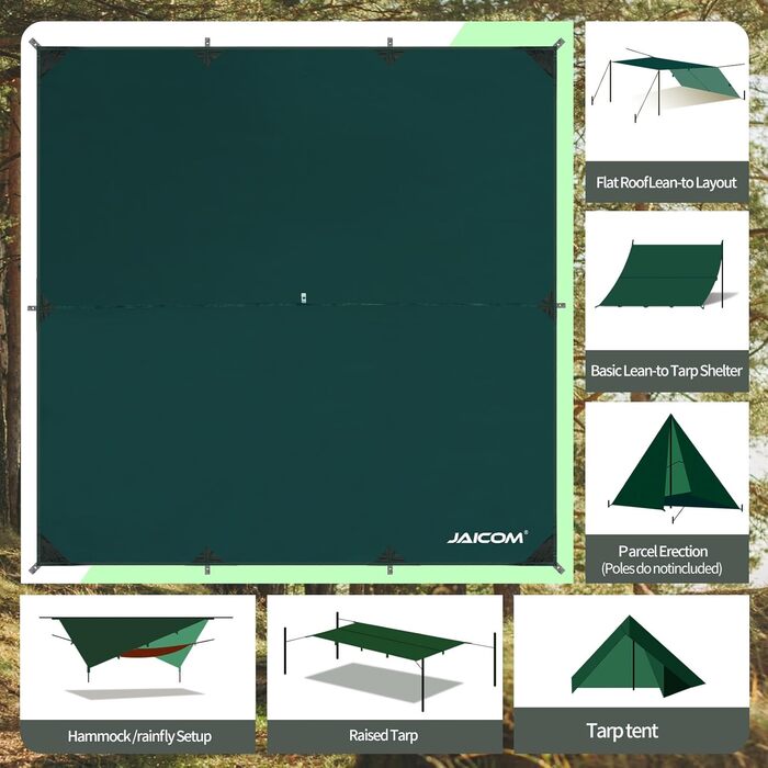 Водонепроникний тент Tarp 3x3 м: нейлон, для кемпінгу, намету, гамаку, UV-захист, для тераси