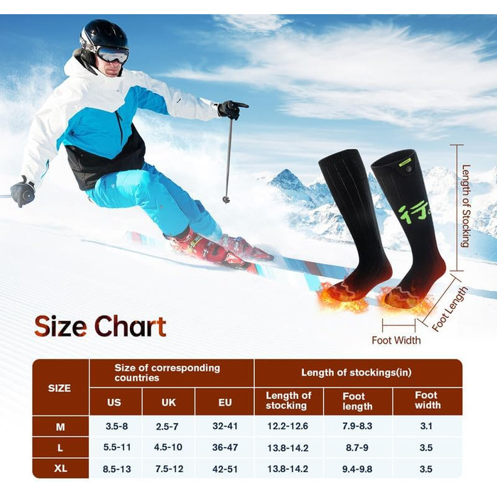 Електричні гріючі шкарпетки для жінок та чоловіків, USB, 4 режими температури, керування через додаток, для активного відпочинку (походи, катання на лижах, кемпінг, риболовля), XL