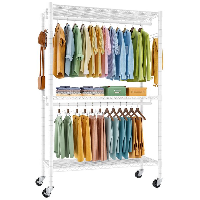 Вішалка для одягу на коліщатках металева з 3 штангами та полицею, біла 120x45x205 см