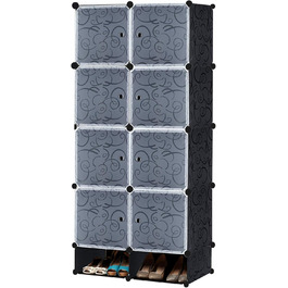 UISEBRT DIY Plastic Wardrobe System - Plug-in Shelf Wardrobe, Coat Rack Wardrobe, Shoe Rack, Plastic Boxes, Black with Pattern (8 Boxes with Door and Shoe Cabinet)