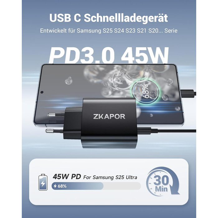 Зарядний пристрій ZKAPOR з 4 USB-C портами, 45W, білий (PD+QC)