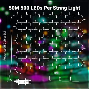 Гірлянда світлодіодна зовнішня 100 метрів, 1000 LED, святкова, вологостійка IP44, 8 режимів, для декорування дому, вечірки, ялинки, балкону, тераси (кольорова, 50м500LED)