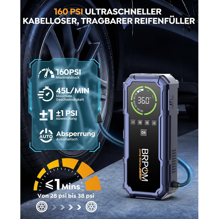 Пусковий пристрій BRPOM 9000A з компресором 160 PSI, бустер для бензинових та дизельних двигунів до 12.0L, павербанк з LED-ліхтарем 600 лм, фіолетовий