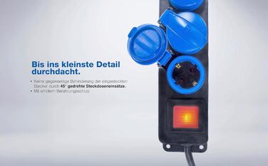 Розподільник розеток Schwabe 3-fach з вимикачем, заземленням, кришкою, 1.5 м, для зовнішнього використання, 230V, 16A, IP44, чорний, синій