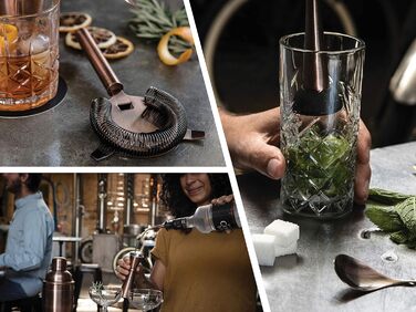 Набір для коктейлів Mint&Mortar 7 предметів з бамбуковим підставкою, з нержавіючої сталі, міксологія, барменський набір з барними інструментами для дому та професійного використання, ідеальний для Мартіні/Маргарити, 680 мл, міксер (Чорний) (Шліфоване мідь