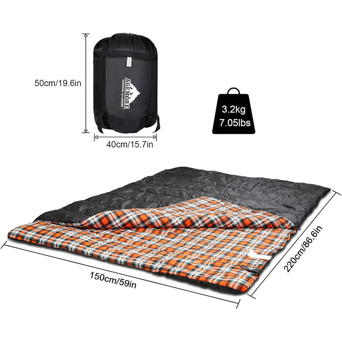 Cotton Flannel Double Sleeping Bag for Camping, Hiking, and Backpacking - Queen Size 2 Person Waterproof Sleeping Bag for Adults & Teens - Lightweight (Black/Orange)