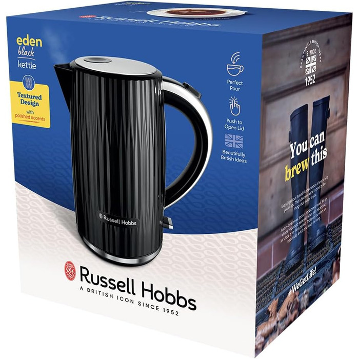 Russell Hobbs Kettle [1.7L 2400W] Eden White, Stainless Steel Accents (Removable Scale Filter, Push-Button Lid Opening, Water Level Indicator, Illuminated Switch, BPA Free) Teapot 27360-70 (Black)