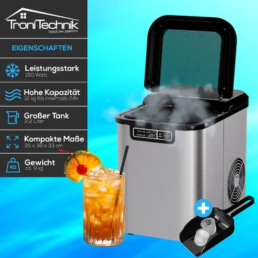 Льодогенератор Tronitechnik 12 кг/24год, резервуар 2.2л, 2 розміри льоду, самоочищення, нержавіюча сталь (срібний)