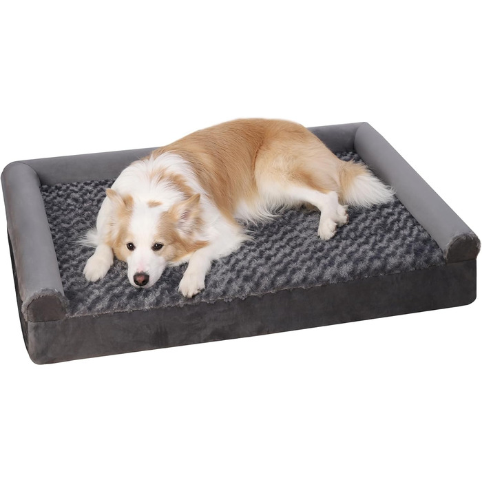Ортопедичне ліжко для собак KSIIA, великі породи, 111x81x18 см, знімний та пральний чохол, XL диванчик для собак з трьома піднятими бортиками, антиковзаюча підкладка, кошик для собак з ноппеновим пінополіуретаном, сірий колір