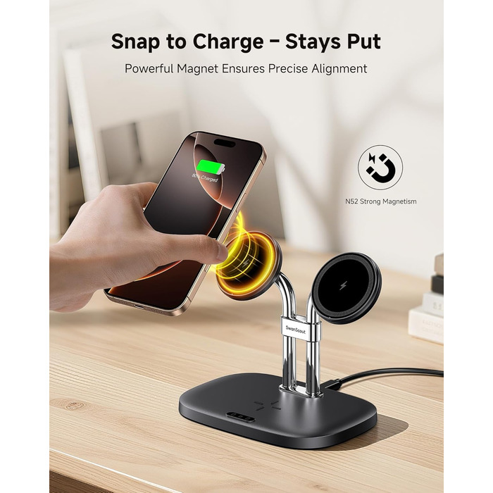 Бездротова зарядка SwanScout для iPhone 17/Air, AirPods Pro 3/2, 2 телефони, чорний