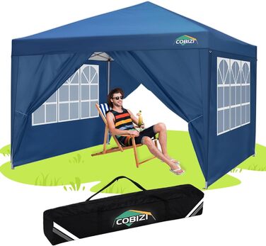 COBIZI Pavilion 3x3, Folding Pavilion 3x3 Waterproof Stable Winterproof | 8x Pegs | 4x Wind Rope | UV Protection 50+ | High-Density Tarpaulin | Pop-up Pavilion Folding 3x3m Tent 3x3 Party Tent (Blue)