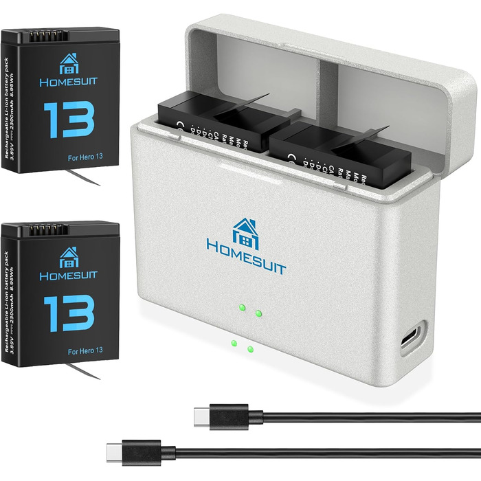 Зарядний комплект для GoPro Hero 13 Black: 2 акумулятори 2300mAh та швидке зарядне пристрій USB Type-C PD3.0 (2 шт.)
