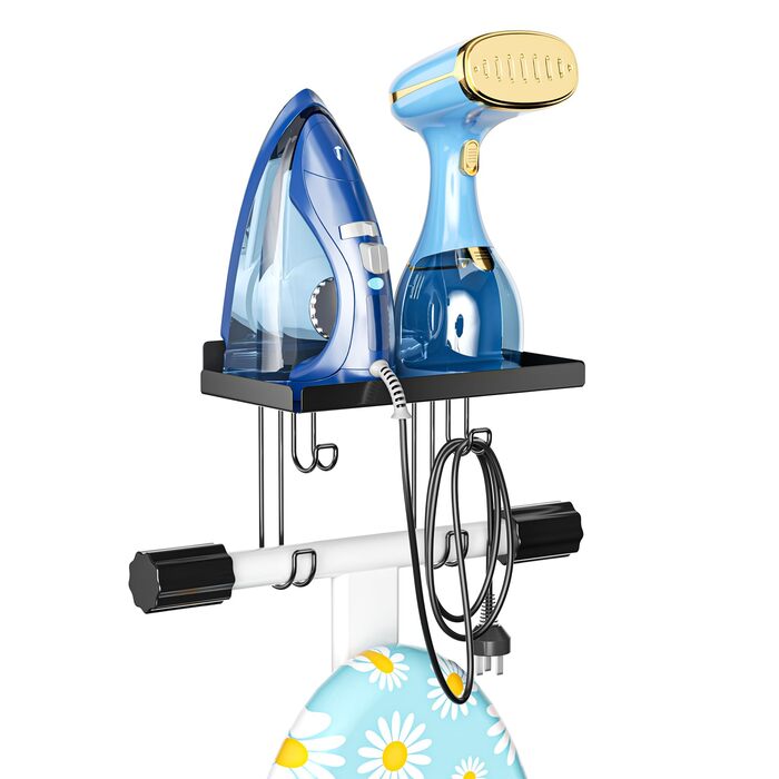 Настінна тримач для прасувальної дошки, праски та аксесуарів, чорний, металева стійка з великою полицею для прасування, Y/T-подібна форма