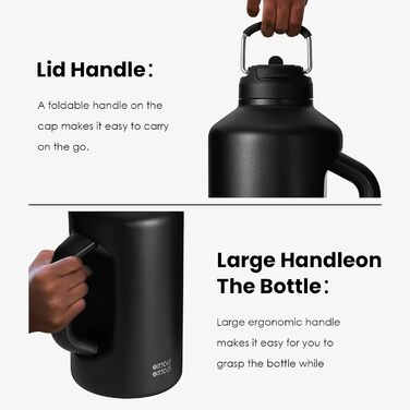 BOTTLE BOTTLE Insulated Water Bottle with Straw and Double Lid, Stainless Steel Sports Water Bottle for Men, with Handle, Vacuum Stainless Steel, for Workout and Sports, 1.8L, Black