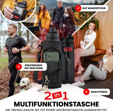 Stainless Steel Water Bottle with FREE Carrying Bag - 700ml - BPA-Free, Leakproof and Dishwasher Safe Thermo Insulated Bottle - Double-Walled Thermos Flask, Sports, Outdoor (Black Edition)