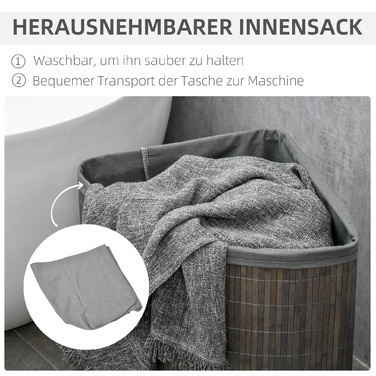 HOMCOM Rectangular Bamboo Laundry Basket 55L with Lid and Removable Bag 38 x 38 x 57 cm Grey | Aosom