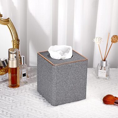 BTSKY Square Tissue Box Cover in Linen with Decorative Gold Line – Cube-Shaped Tissue Paper Holder, Tissue Storage, Organizer, Tissue Box Dispenser, Serviette Box, Gray