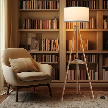 Стельова лампа на тренозі з полицею, з пульт керування, 3 колірні температури, для вітальні, спальні, офісу, бежевий абажур, стиль бері, декор