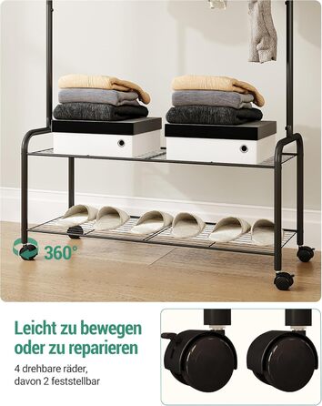 Clothes Rack with 2-Tier Shelf, 3-in-1 Design, Clothes Stand with 4 Wheels, Coat Rack with 4 Hooks for Bags, GR07499A (Black)