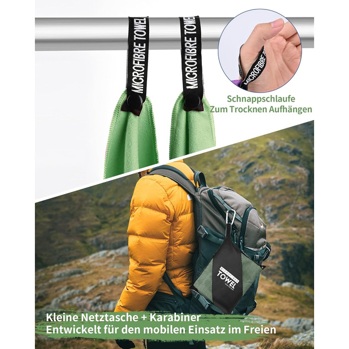 Набір з 3 рушників з мікрофібри, 180x80 см + 2 рушники 80x40 см, для фітнесу, сауни, пляжу, подорожей, темно-зелений