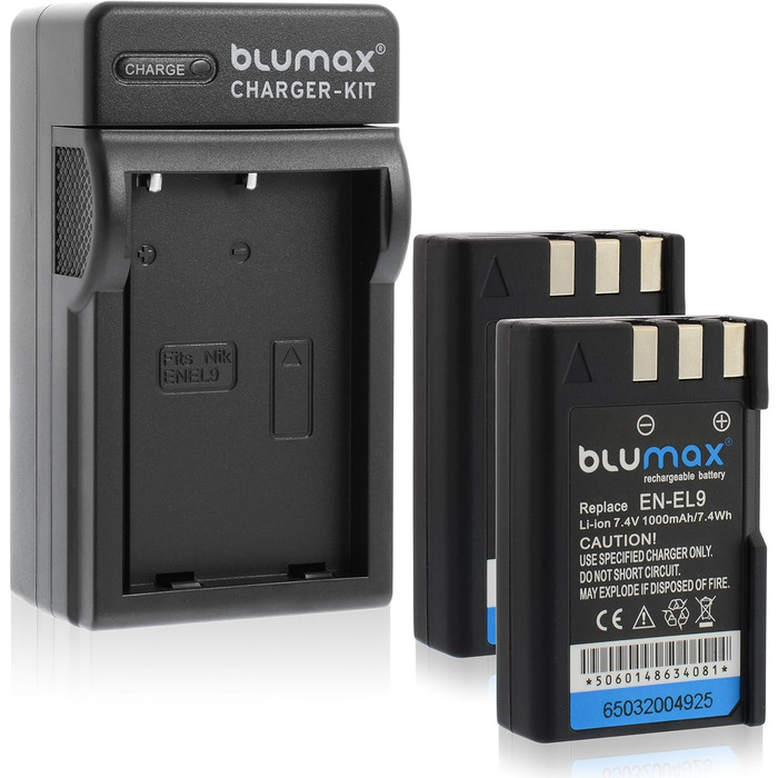 Акумулятор Blumax 2x 1000mAh для Nikon EN-EL9 / EN-EL9e / EN-EL9a з зарядним пристроєм | сумісний з Nikon D40, D40X, D60, D3000, D5000