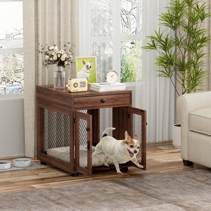 Клітка для собак VOWNER з дерева, 3 двері, з ящиком, 51x60x62 см, для собак до 20 кг, горіховий колір
