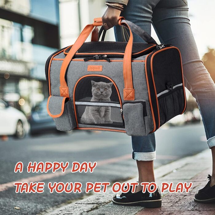 Транспортна переноска для котів та собак PETCUTE, сірого кольору, знімний килимок, дихаюча, з регульованим ременем, схвалена авіакомпаніями