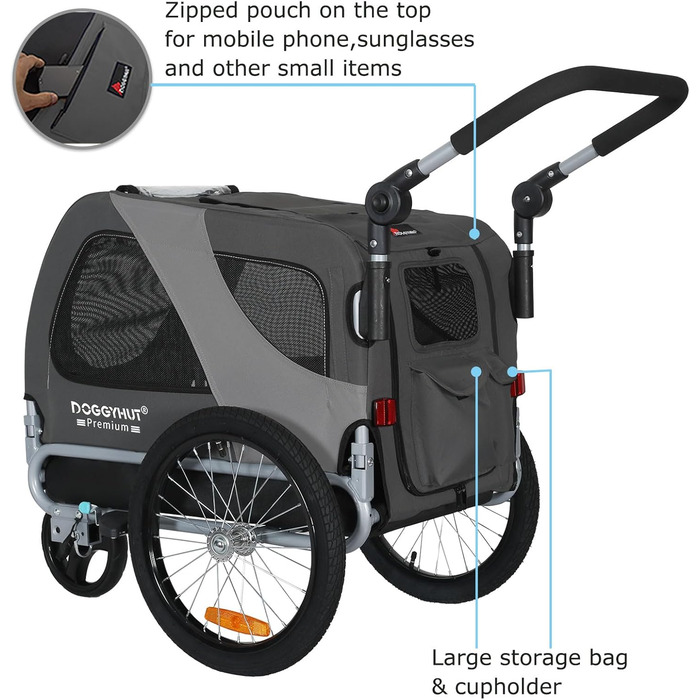 DOGGYHUT® Преміум візок для собак 2-в-1: візок-бугель для собак до 23 кг (Сірий)