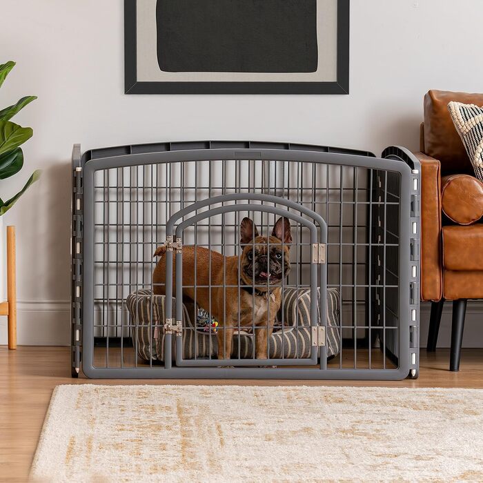 Лейс для собак Iris USA з дверцятами, 61 см, для цуценят та маленьких собак, безпечний, простий монтаж, зручне зберігання, регульований, гумові неслизькі ніжки (Темно-сірий, 61 см висота – 4 панелі)