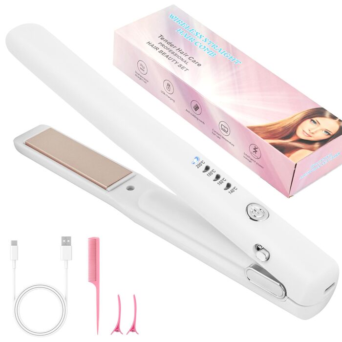 Бездротовий випрямляч для волосся 2-в-1 з функцією завивки, регульована температура (4 режими), портативний міні-випрямляч для волосся, підходить для всіх типів волосся, білий