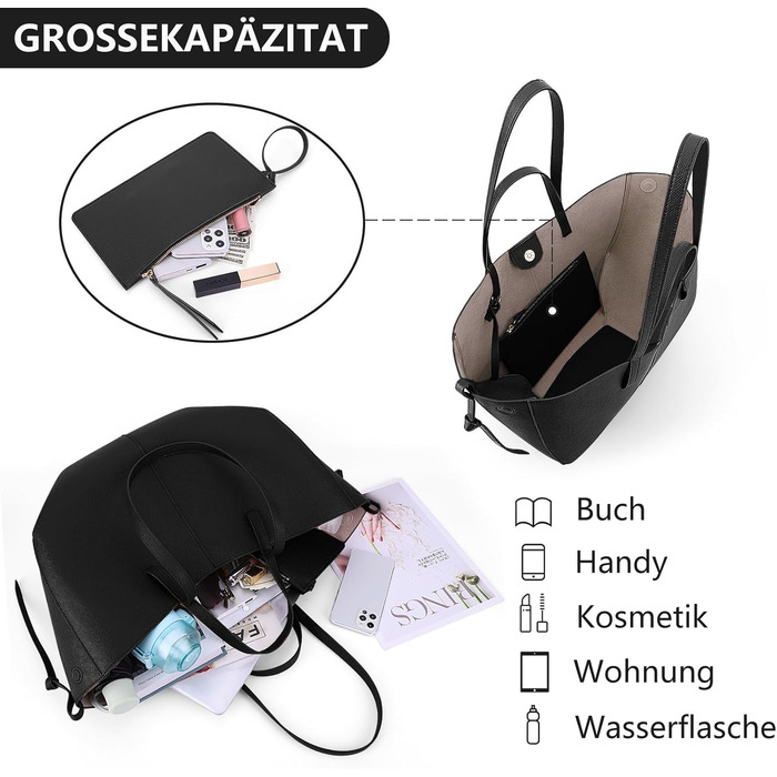 Велика жіноча сумка-шопер TIAASTAP зі штучної шкіри, елегантна сумка на плече для університету, покупок, подорожей, чорна