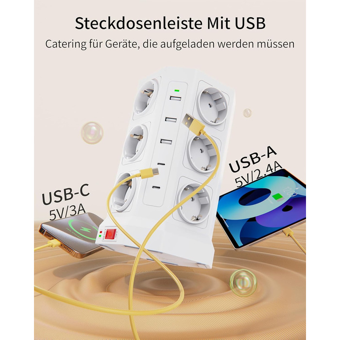 Блок розеток із захистом від перенапруги (3680W/16A), 12 розеток з 5 USB, мережевий фільтр з вимикачем, 1,5м кабель, захист 1050J, для дому/офісу, білий