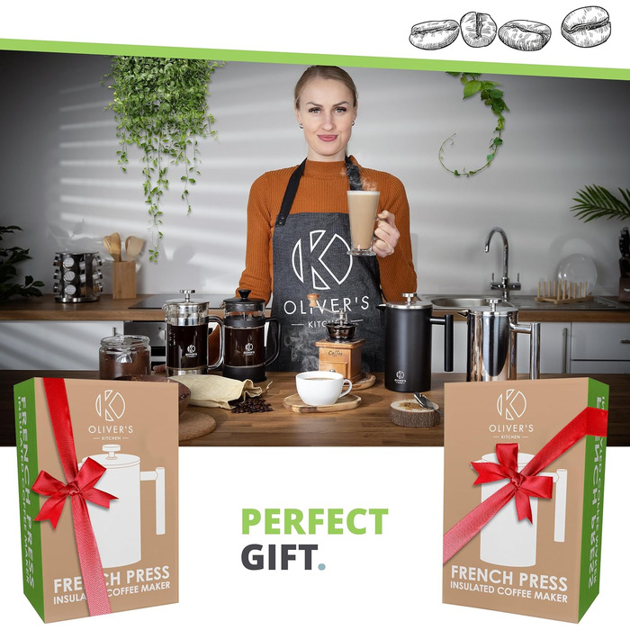 Френч-прес Oliver's Kitchen® 1 літр з термоізоляцією - для автентичного смаку кави. Машина для приготування кави, термоізольована, практична