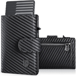 DODENSHA Credit Card Wallet - Wallet for Men - RFID Credit Card Holder with Coin Pocket, Automatic Pop-up Card Holder Made of Aluminum for 8-10 Cards, ID Window, Black | Carbon