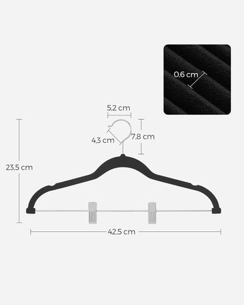 SONGMICS Velvet Clothes Hangers, 20-Piece Set, Skirt Hanger, 42.5 cm wide, with adjustable clips, non-slip, space-saving, for trousers, coats, dresses, black CRF012B20