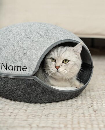 Lionto Cat Cave made of robust felt, cozy cuddle cave with zipper, 46x38x24 cm, comfortable and modern cat bed with soft and washable cushion, grey (with name tag)