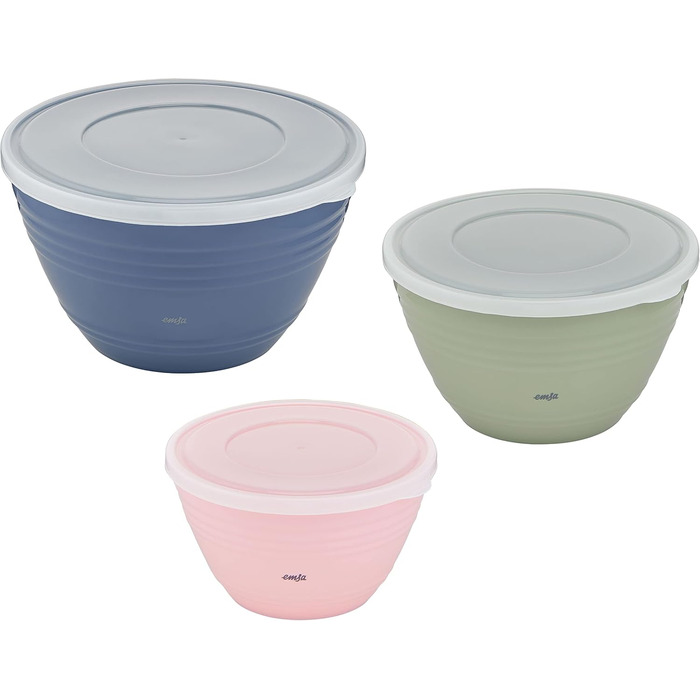 Emsa Prep&Bake 3-Piece Plastic Mixing Bowl Set, 1.7 + 2.75 + 4.15 L with Preserving Lid, Non-Slip Base, Perfect Stability While Mixing, Dishwasher Safe, Stackable Bowl Set K325S3