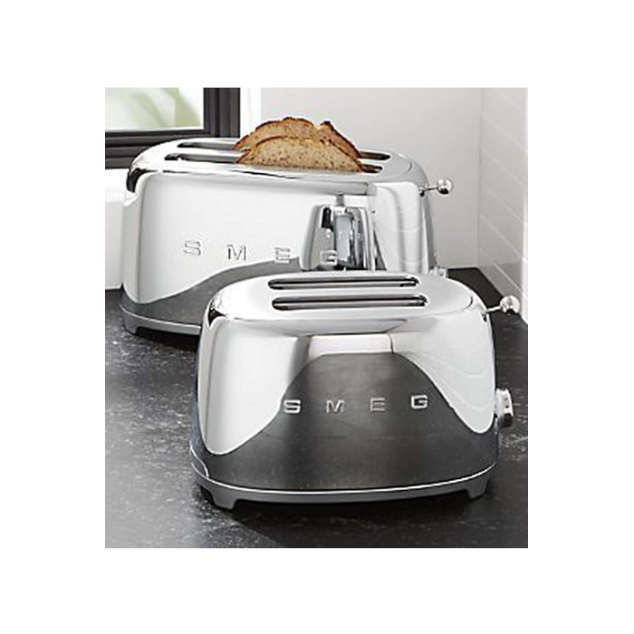 Тостер Smeg TSF02PBEU - 2 слоти для 4 скибочки хліба, 6 рівнів підсмажування, функція підігріву, розморожування та приготування багелів, знімний піддон, 1500W, пастельно-блакитний (сріблястий)