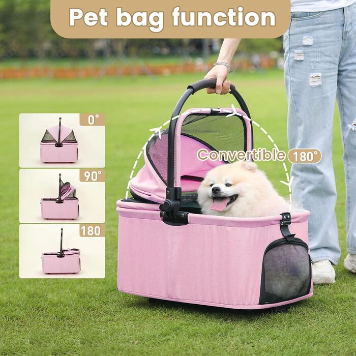 Візок для собак 2-в-1 з віднімним кошиком, складний візок для цуценят для собак та котів, 4 колеса з кишенькою для зберігання, візок для тварин з поворотними на 360° передніми колесами для подорожей на відкритому повітрі (Рожевий)