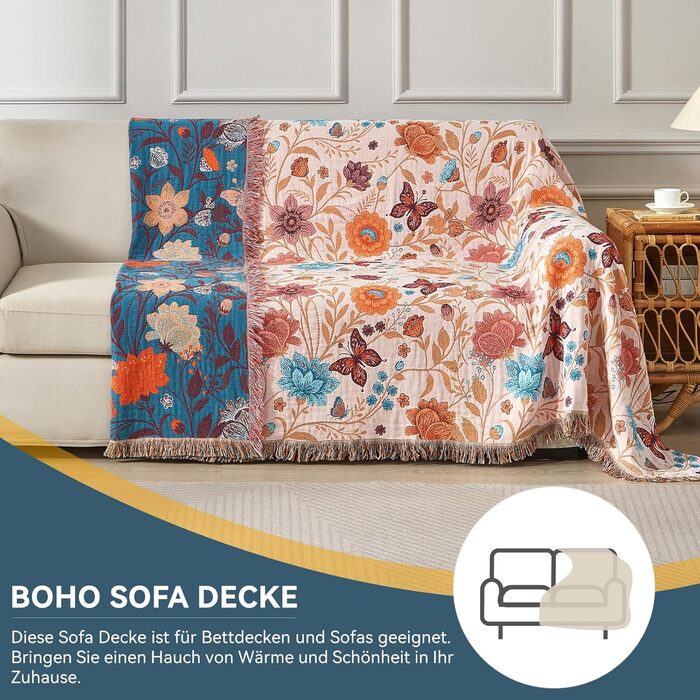 Богемна ковдра Boho з 100% бавовни, м'яка двостороння муслінова ковдра 150x200 см, плед для дивану та ліжка, декоративна patchwork ковдра, літня ковдра для вітальні, зелено-бежева (200 x 230 см, Blumentanz)