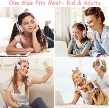 Дитячі навушники AXFEE з Bluetooth, Over-Ear, котячі вушка, LED-підсвітка, мікрофон, Micro SD/TF, рожеві