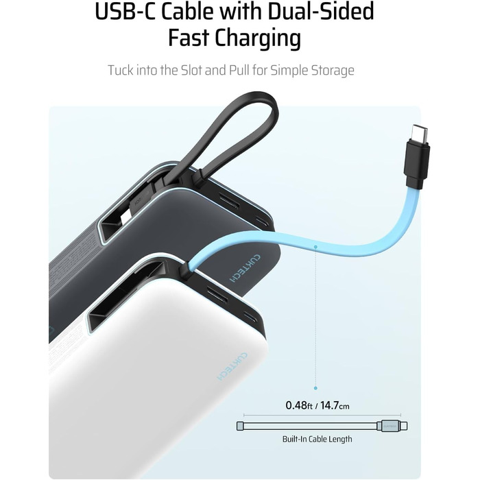 Power Bank CUKTECH 20000mAh з USB-C кабелем, 45W, білий. Швидка зарядка, цифровий дисплей для iPhone, MacBook, Galaxy.