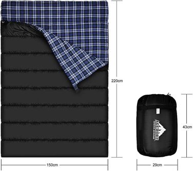 Cotton Flannel Double Sleeping Bag for Camping, Hiking, and Backpacking - Queen Size 2 Person Waterproof Sleeping Bag for Adults & Teens - Lightweight Black/Blue
